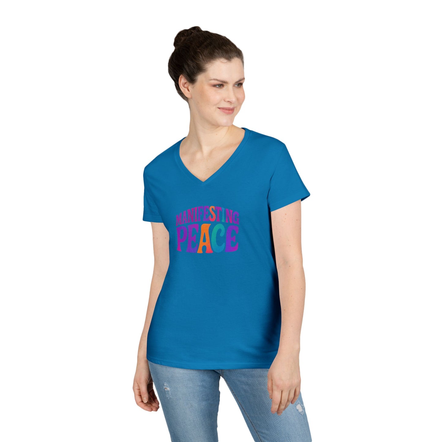 Manifesting Peace V-Neck T-Shirt, Inspirational Tee, Gift for Her, Casual Wear, Mindfulness Apparel, Positive Vibes