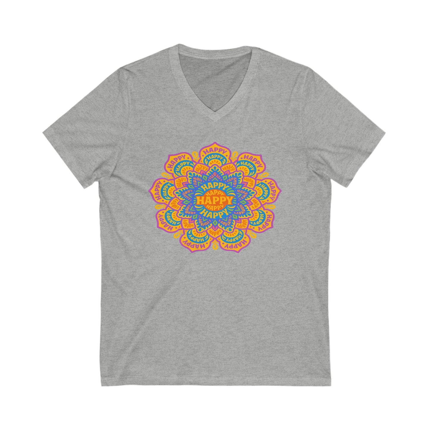 Happy Mandala V-Neck Tee , Relaxed Fit, Gift for Birthdays, Celebrations, Casual Wear, Festival Shirt