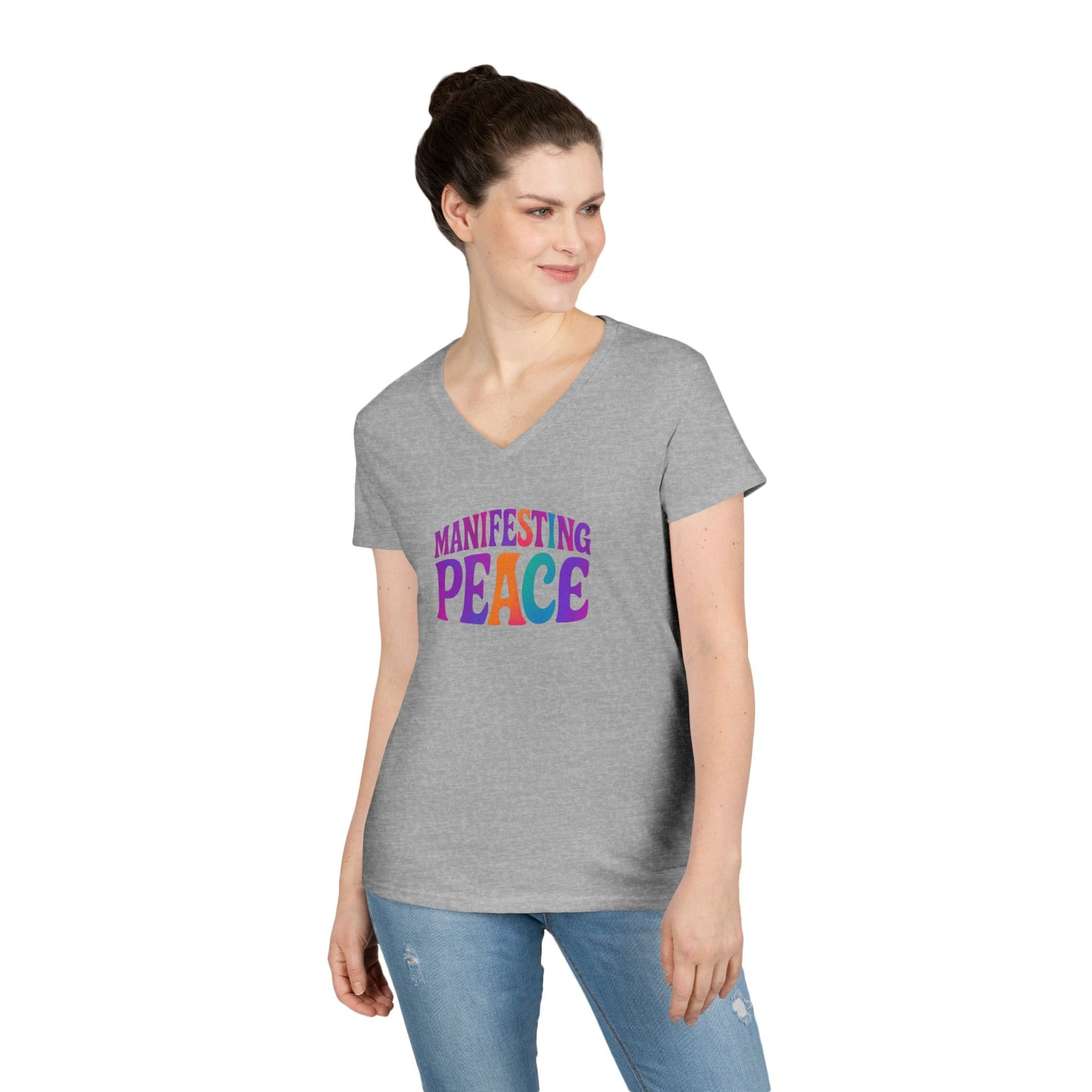 Manifesting Peace V-Neck T-Shirt, Inspirational Tee, Gift for Her, Casual Wear, Mindfulness Apparel, Positive Vibes