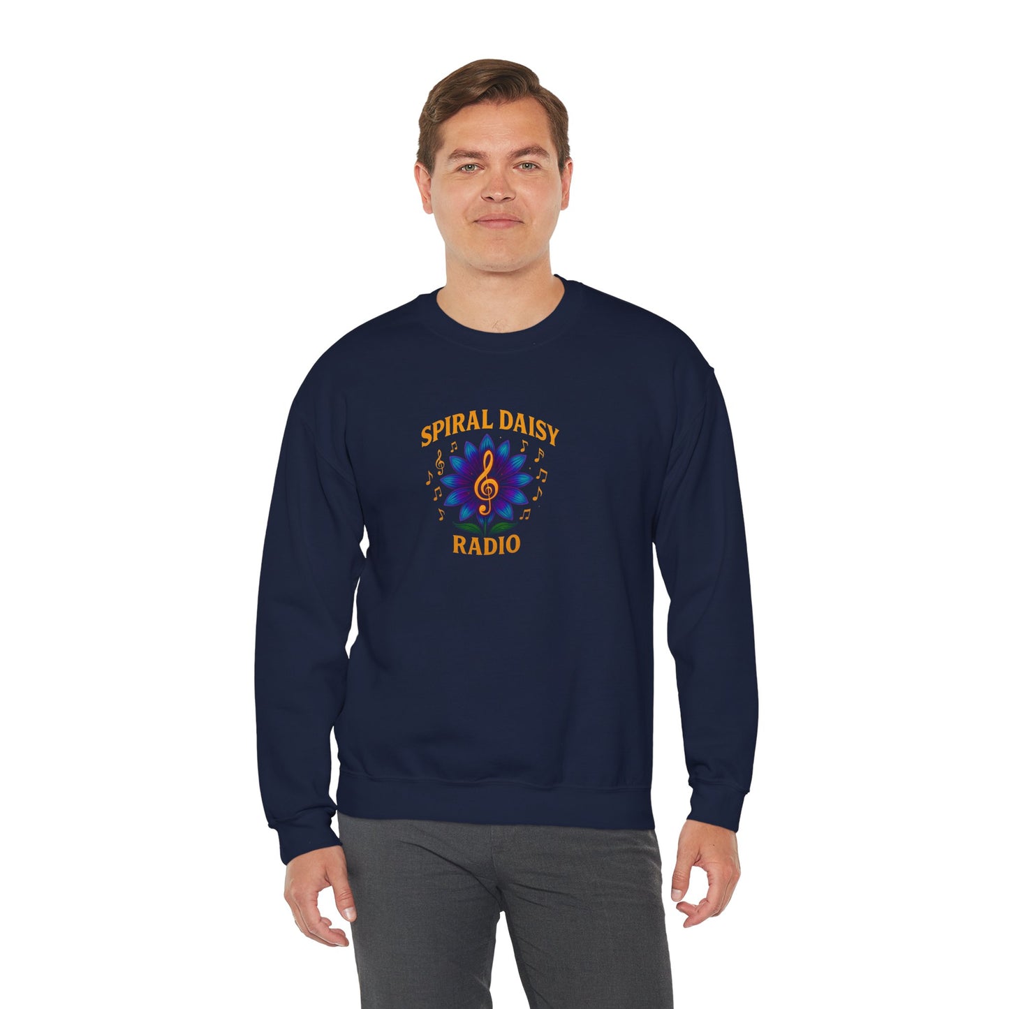 Spiral Daisy Radio Sweatshirt, Cozy Unisex Crewneck, Music Lover Gift, Perfect for Festivals, Relaxing Days, Casual Wear