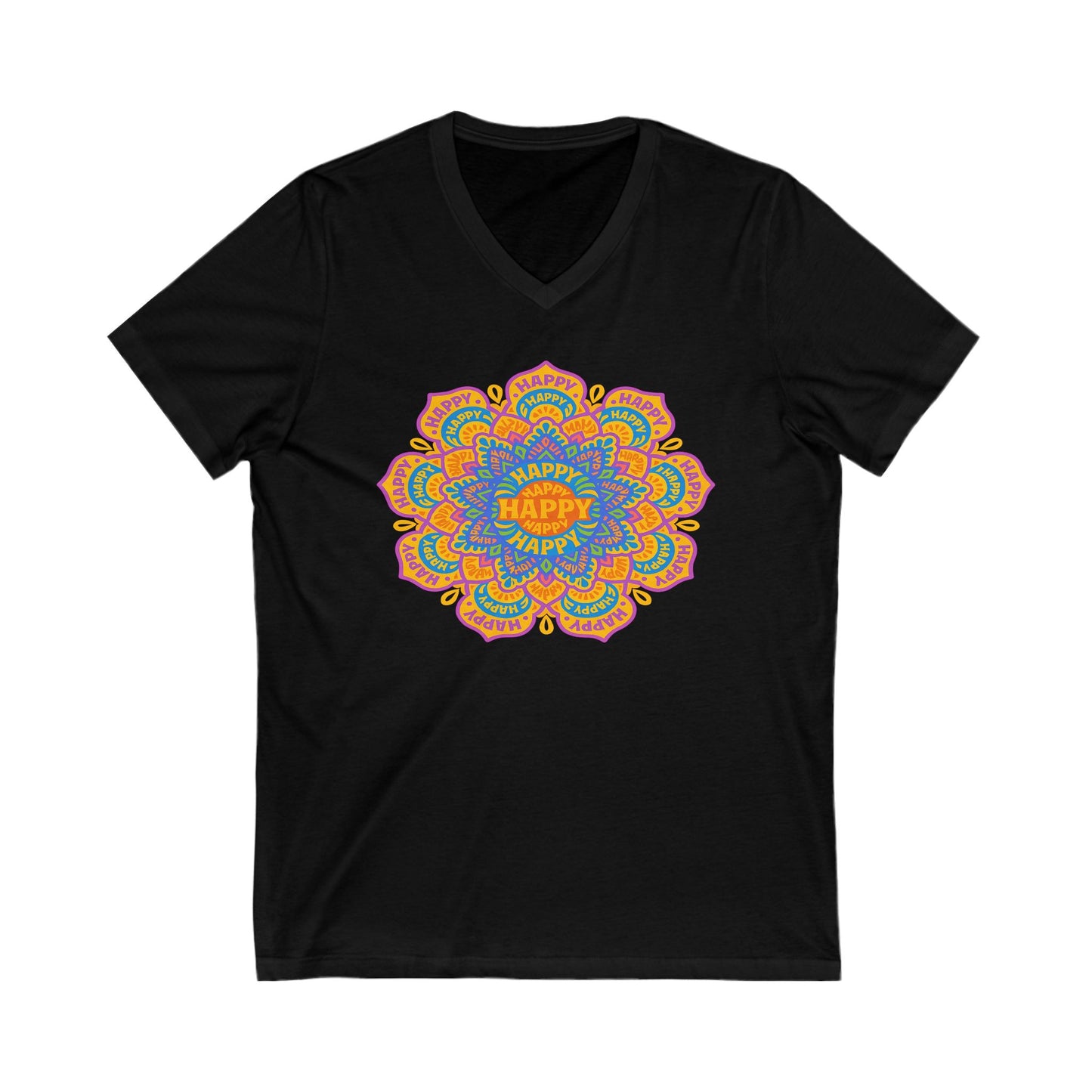 Happy Mandala V-Neck Tee , Relaxed Fit, Gift for Birthdays, Celebrations, Casual Wear, Festival Shirt