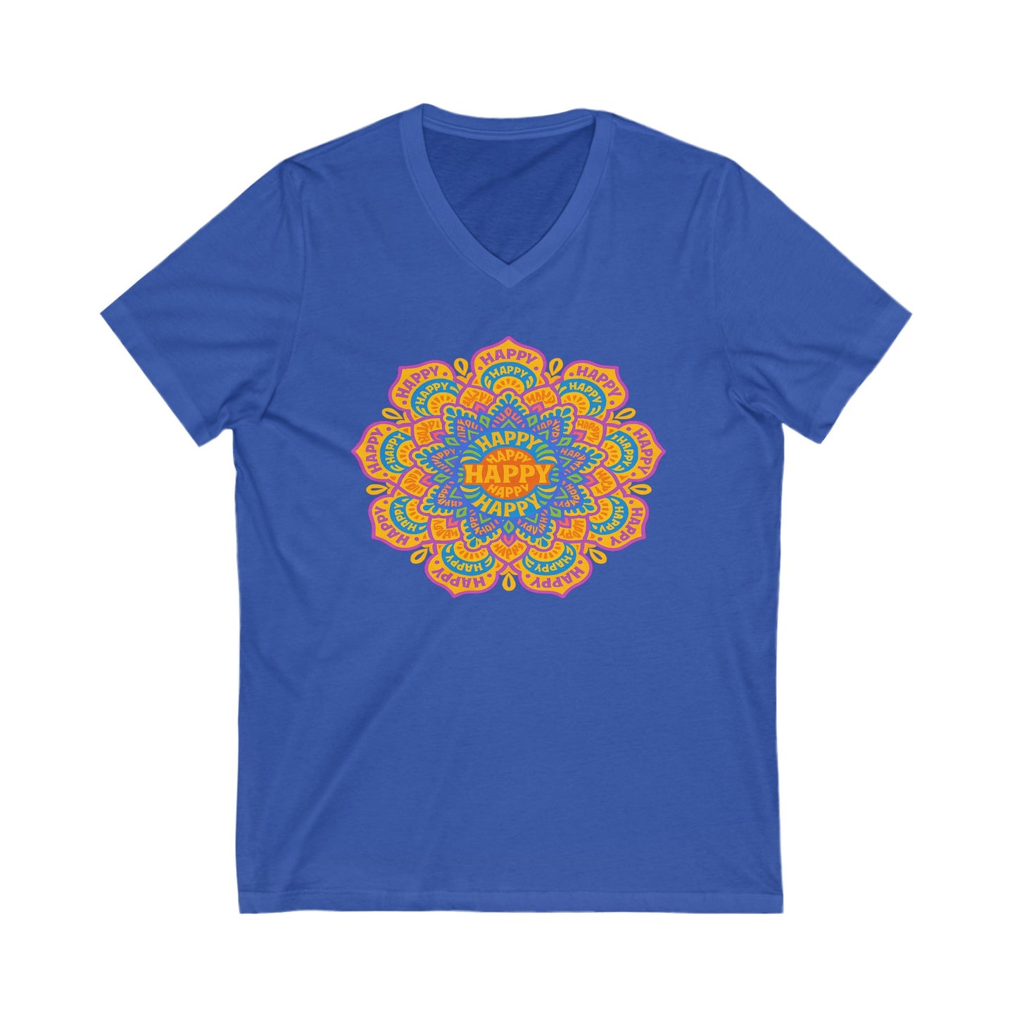 Happy Mandala V-Neck Tee , Relaxed Fit, Gift for Birthdays, Celebrations, Casual Wear, Festival Shirt