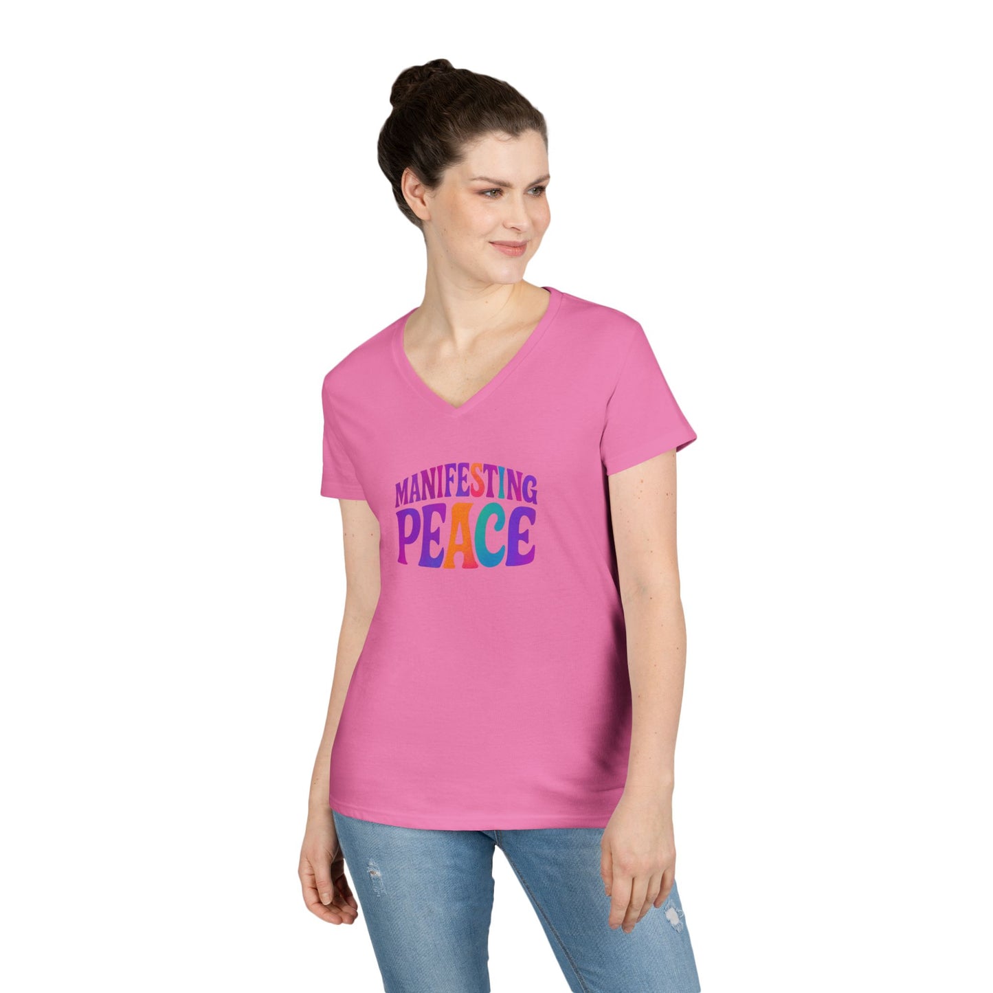 Manifesting Peace V-Neck T-Shirt, Inspirational Tee, Gift for Her, Casual Wear, Mindfulness Apparel, Positive Vibes