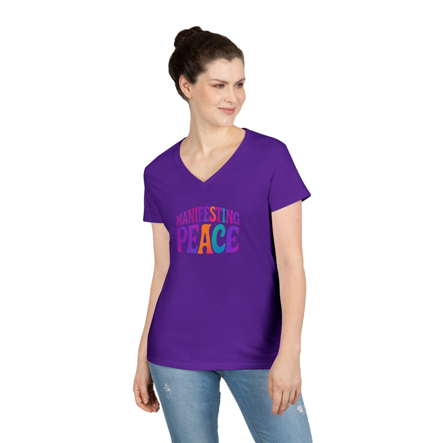 Manifesting Peace V-Neck T-Shirt, Inspirational Tee, Gift for Her, Casual Wear, Mindfulness Apparel, Positive Vibes
