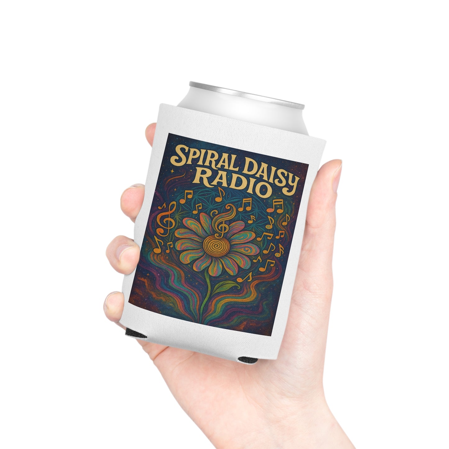 Spiral Daisy Radio Can Cooler, Vibrant Drink Insulator for Music Lovers, Perfect for Parties, Festivals, and Outdoor Events