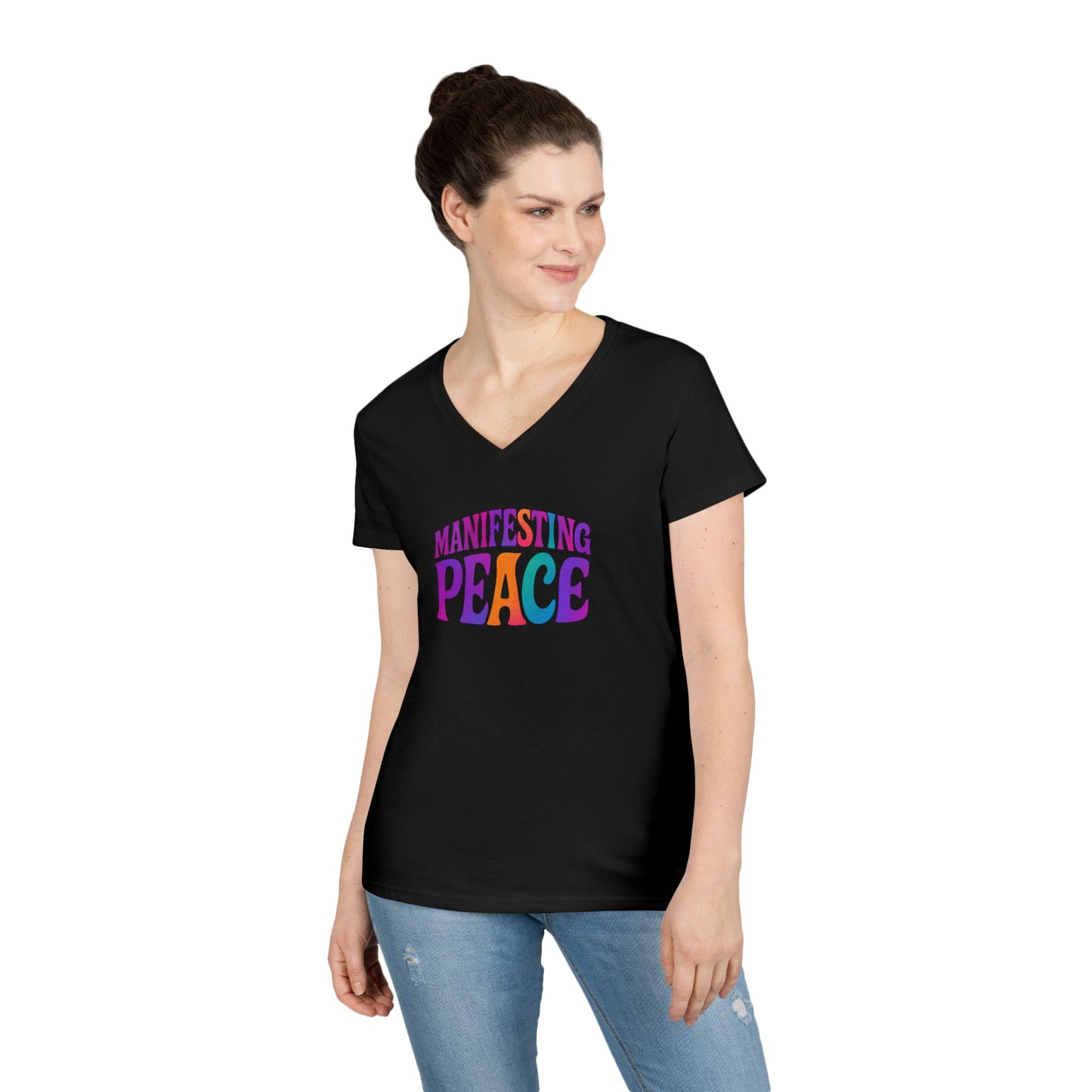 Manifesting Peace V-Neck T-Shirt, Inspirational Tee, Gift for Her, Casual Wear, Mindfulness Apparel, Positive Vibes