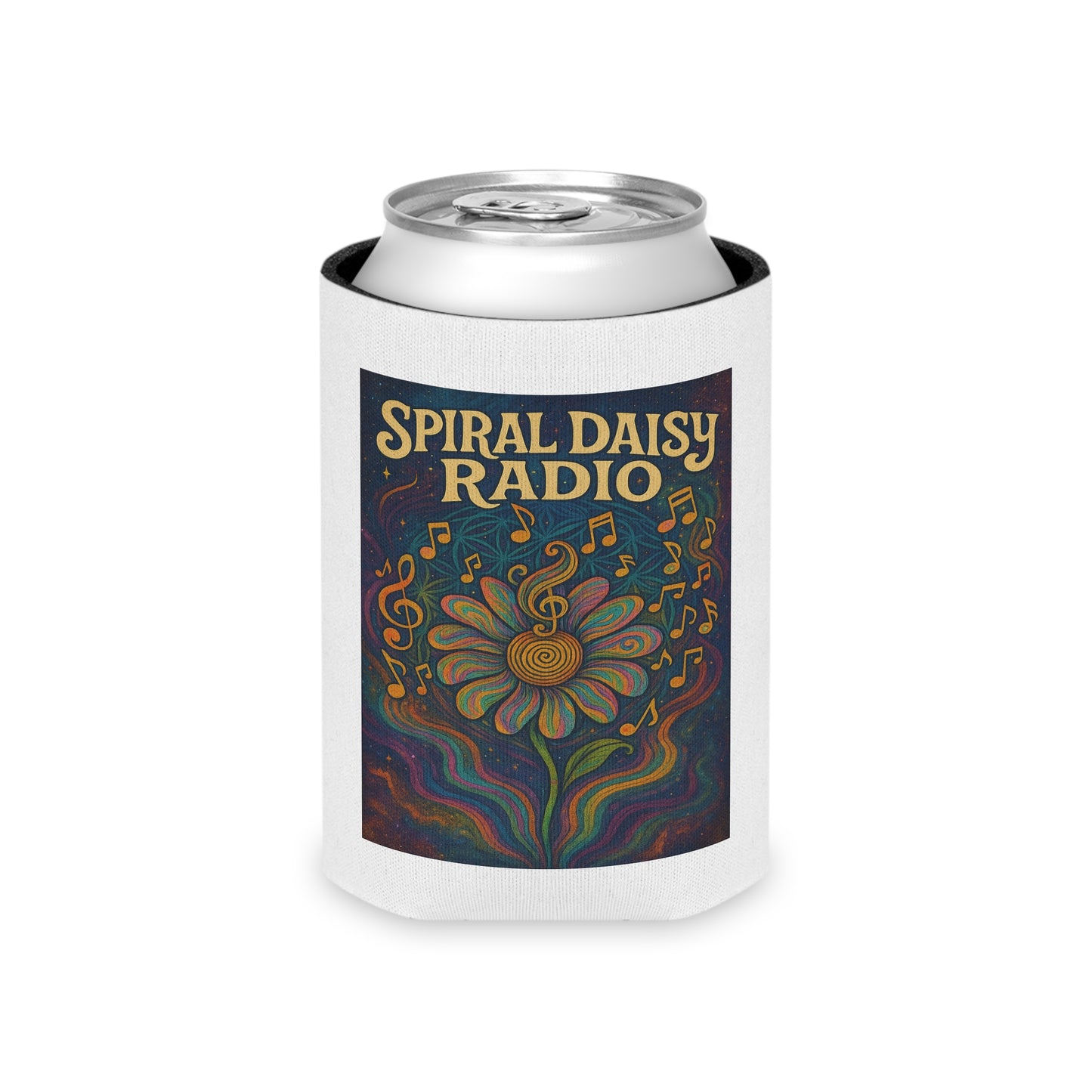 Spiral Daisy Radio Can Cooler, Vibrant Drink Insulator for Music Lovers, Perfect for Parties, Festivals, and Outdoor Events