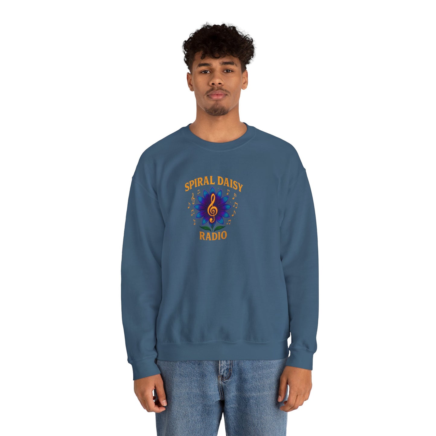Spiral Daisy Radio Sweatshirt, Cozy Unisex Crewneck, Music Lover Gift, Perfect for Festivals, Relaxing Days, Casual Wear
