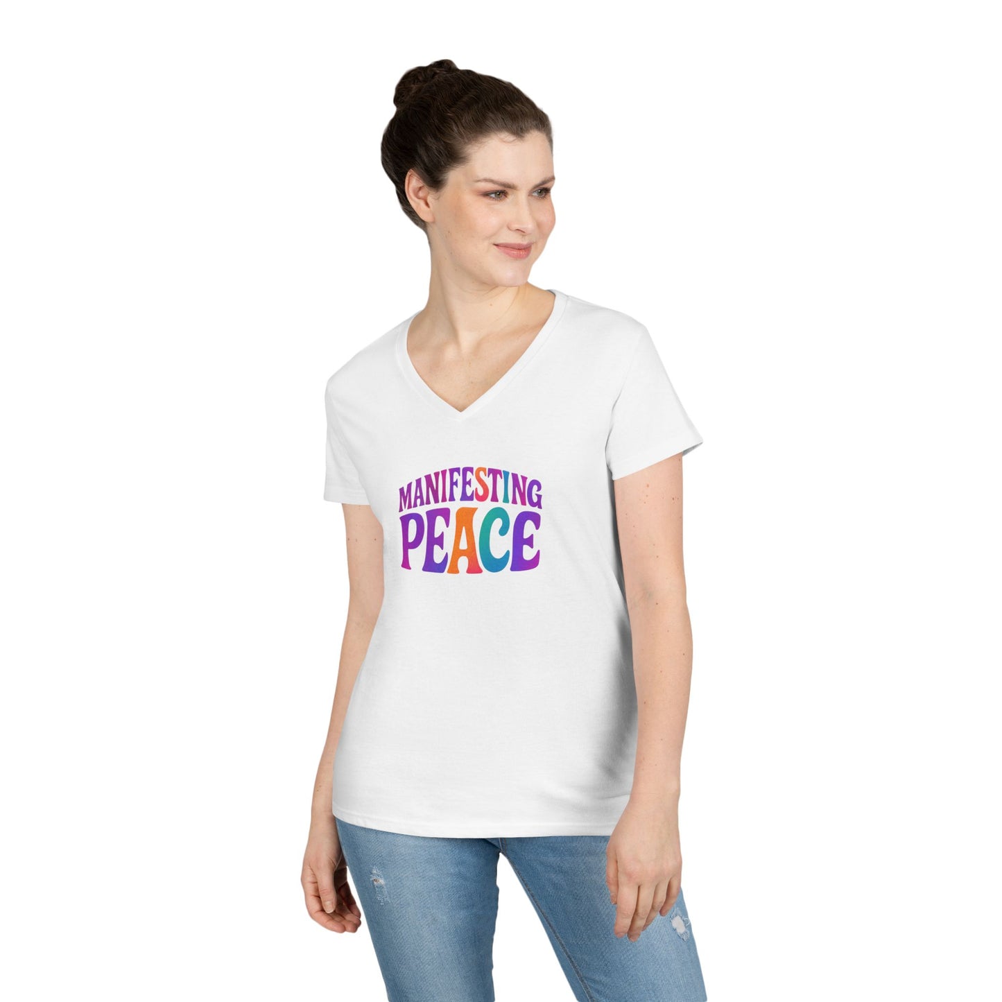Manifesting Peace V-Neck T-Shirt, Inspirational Tee, Gift for Her, Casual Wear, Mindfulness Apparel, Positive Vibes