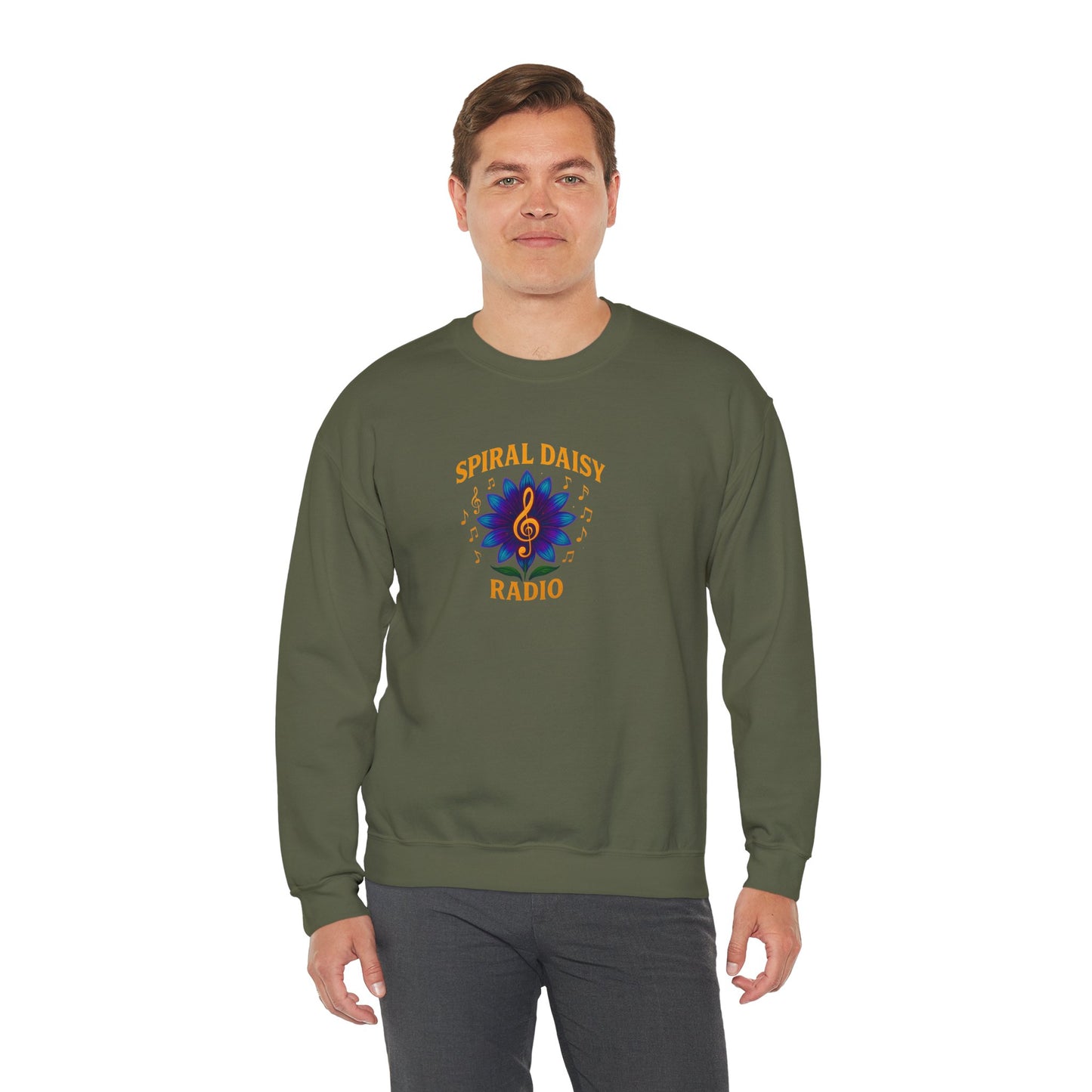 Spiral Daisy Radio Sweatshirt, Cozy Unisex Crewneck, Music Lover Gift, Perfect for Festivals, Relaxing Days, Casual Wear