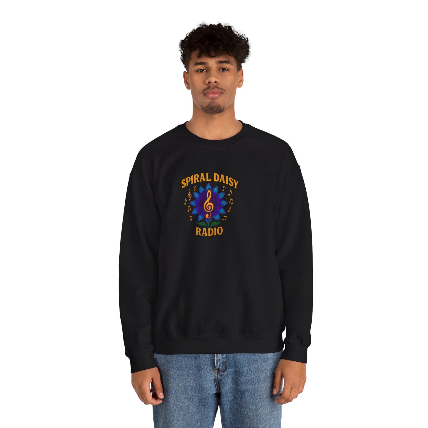 Spiral Daisy Radio Sweatshirt, Cozy Unisex Crewneck, Music Lover Gift, Perfect for Festivals, Relaxing Days, Casual Wear
