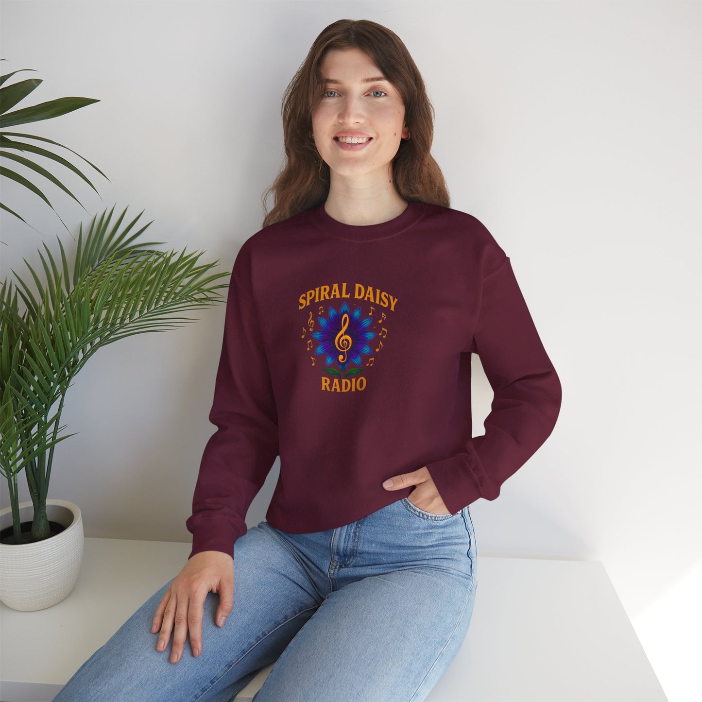Spiral Daisy Radio Sweatshirt, Cozy Unisex Crewneck, Music Lover Gift, Perfect for Festivals, Relaxing Days, Casual Wear