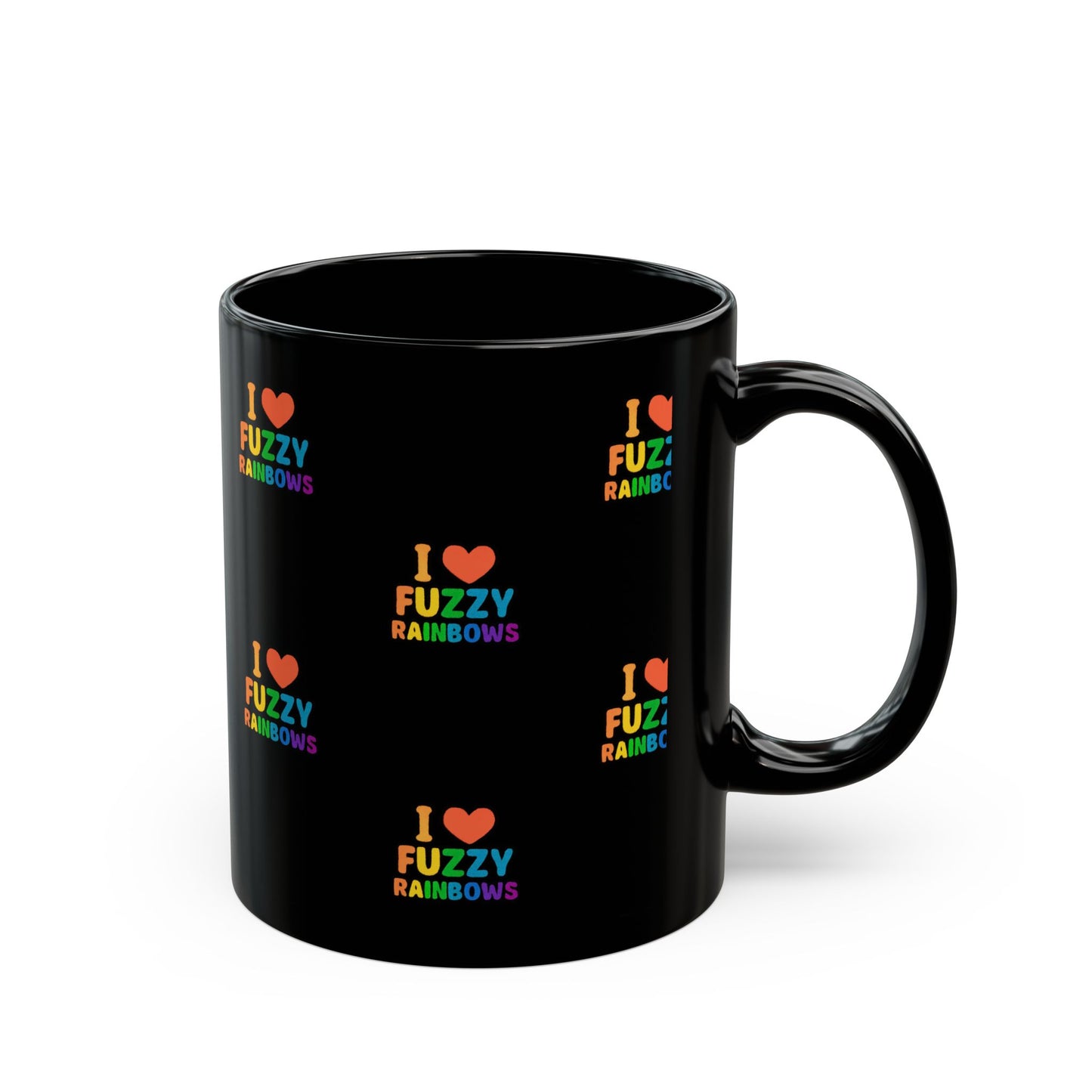I Love Fuzzy Rainbows Mug - Colorful Black Coffee Cup for Gift, Home, Office, Rainbow Lovers, Unique Drinkware