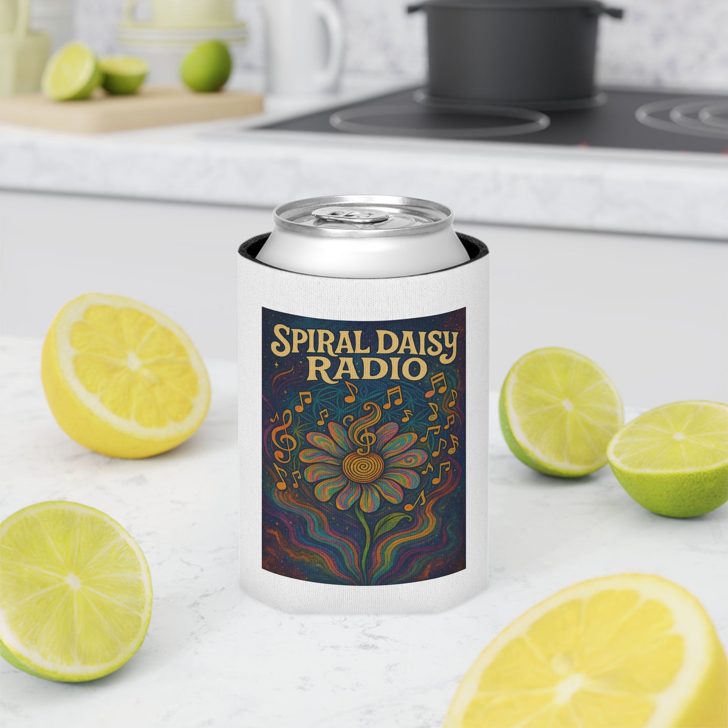 Spiral Daisy Radio Can Cooler, Vibrant Drink Insulator for Music Lovers, Perfect for Parties, Festivals, and Outdoor Events
