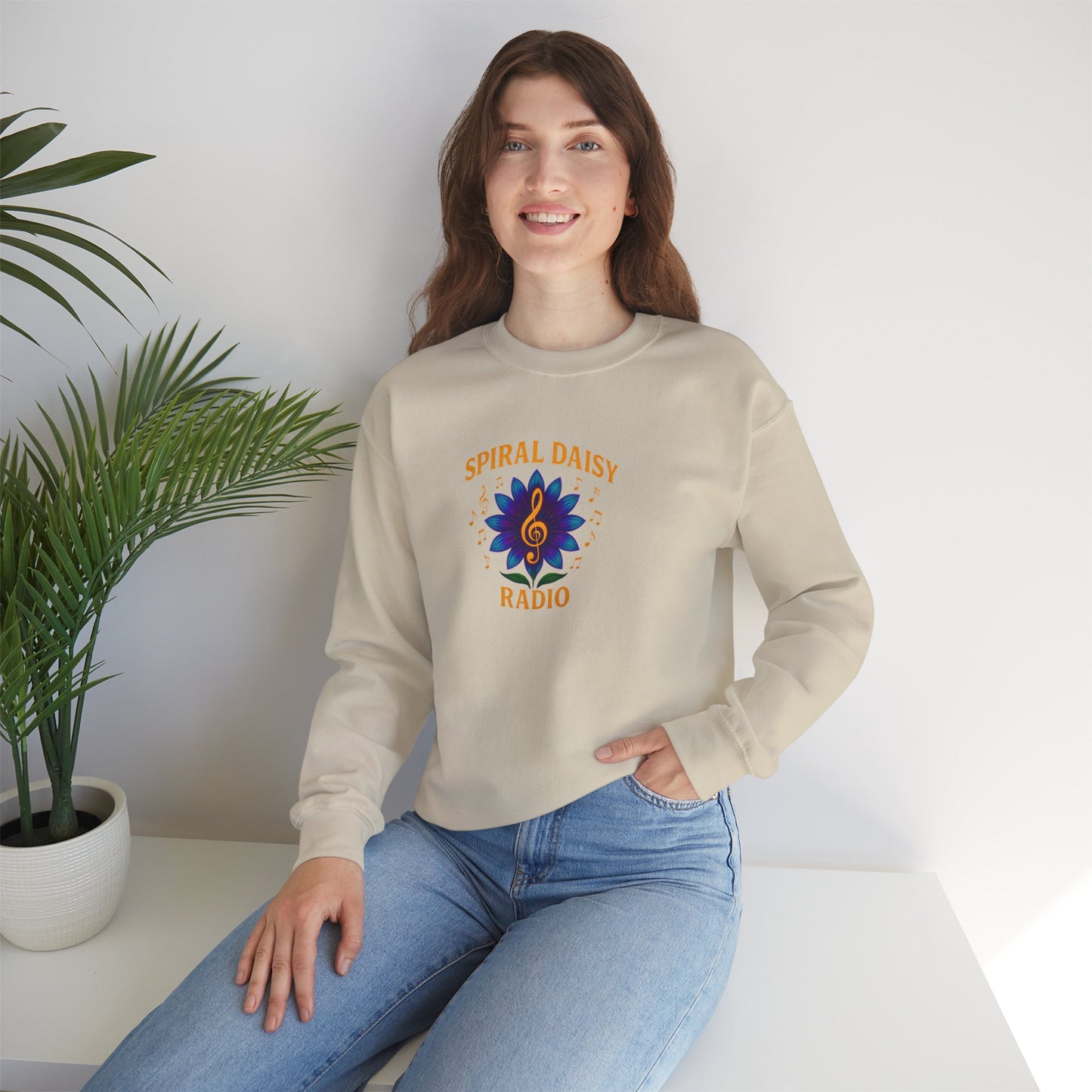 Spiral Daisy Radio Sweatshirt, Cozy Unisex Crewneck, Music Lover Gift, Perfect for Festivals, Relaxing Days, Casual Wear