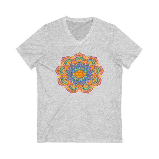 Happy Mandala V-Neck Tee ,  Relaxed Fit, Gift for Birthdays, Celebrations, Casual Wear, Festival Shirt